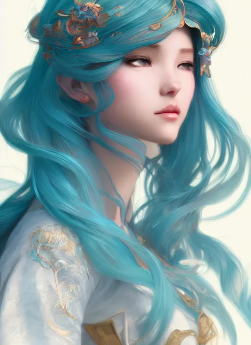 Image similar to beautiful girl with long turqoise hair, cute, intricate, highly detailed, digital painting, trending on artstation, concept art, smooth, sharp focus, illustration, unreal engine 5, 8 k, art by rossdraws and alphonse mucha