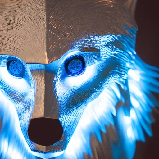 Image similar to portrait photography of a silver wolf sculpture with glowing blue eyes