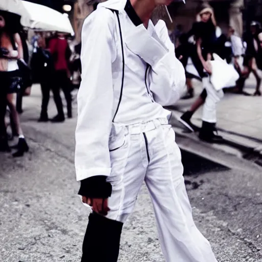 Prompt: kitsch fashion, street fashion, rave fashion, androgynous people in white clothes, new age, vogue