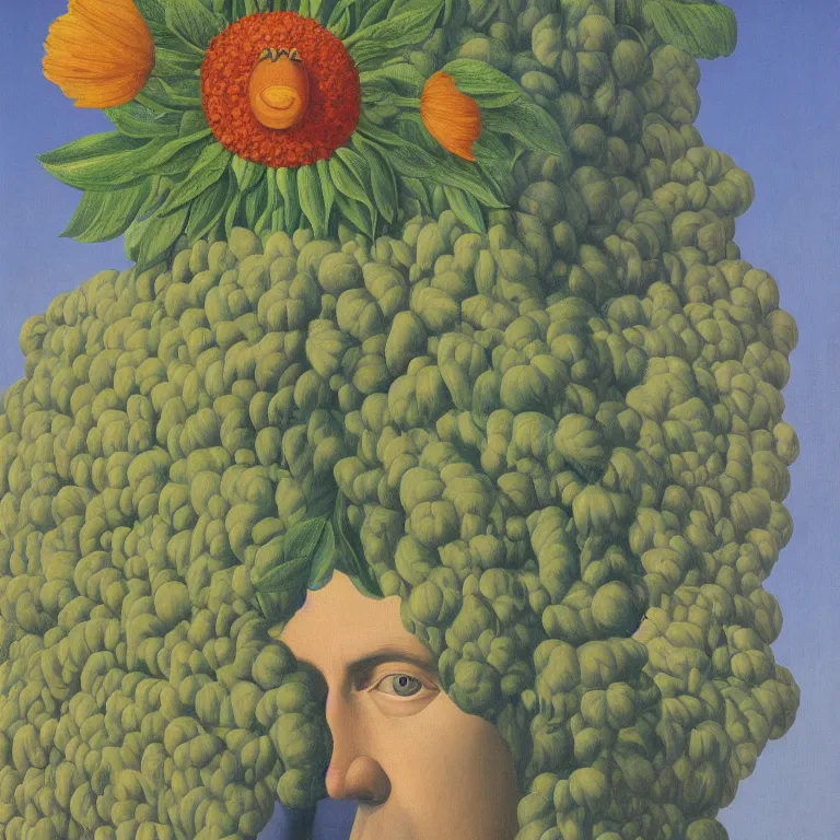 Image similar to portrait of a flower - head man by rene magritte, detailed painting, distance, centered, hd, hq, high resolution, high detail, 4 k, 8 k