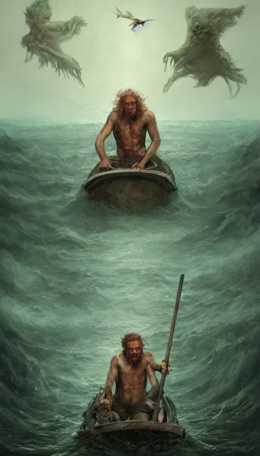 Image similar to man on boat crossing a body of water in hell with creatures in the water, sea of souls, by sam spratt