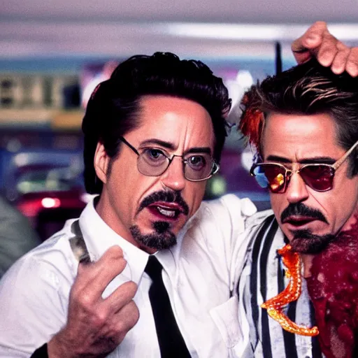 Prompt: robert downey jr. starring in weekend at bernie's 3, robert downey jr with rotten flesh, bernie's rotting corpse in a vegas casino.