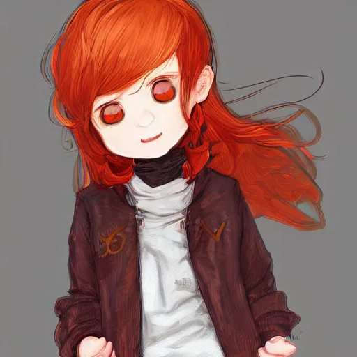 Image similar to A cute cartoon ginger girl with puffy red hair, wearing a brown jacket over a black hoodie, digital art, Akihiko Yoshida