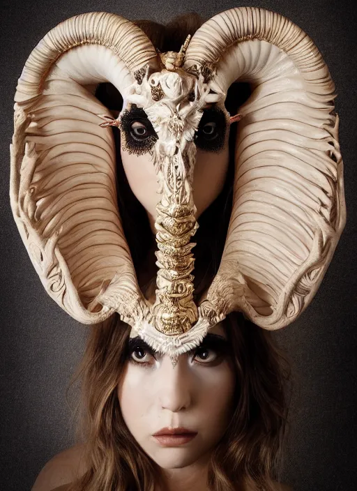 Image similar to a portrait of female by candy makeup, photorealistic, intricate details, hyper realistic, fantasy, elegant, baroque, horn, ram skull headpiece, photorealistic, photography, symmetrical features, symmetrical pose, wide angle shot, feet on the ground, wearable art, unreal engine