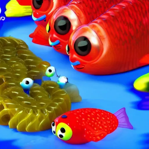 Prompt: using gummi - worm bait to fish for swedish - fish hyperdetailed, hd, 8 k, pixar style