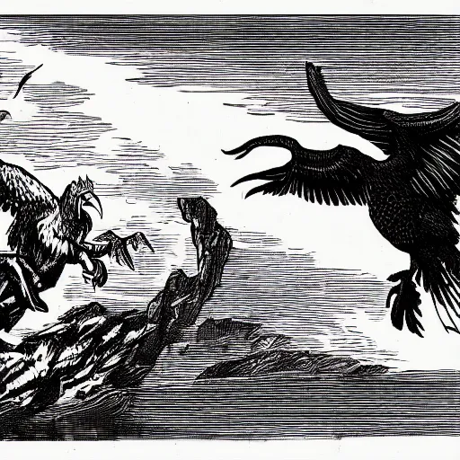 Image similar to a black and white drawing of an eagle attacking a demon, a woodcut by Sir John Tenniel, pixabay, vanitas, woodcut, photoillustration, storybook illustration