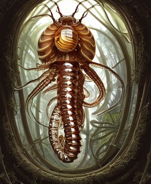 Image similar to intricate ornate opulent transparent clear see - through portrait of a playful beautiful isopod nautilus snake, fractal, adorable, childlike, overgrown biopunk jungle environment, ultra realistic, concept art, art nouveau, photorealistic, octane render, 8 k, unreal engine. art by christopher marley and artgerm and greg rutkowski and alphonse mucha