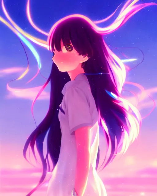 Image similar to anime style, vivid, expressive, full body, 4 k, painting, a cute magical girl with a long wavy black hair, stunning, realistic light and shadow effects, centered, simple background, studio ghibly makoto shinkai yuji yamaguchi