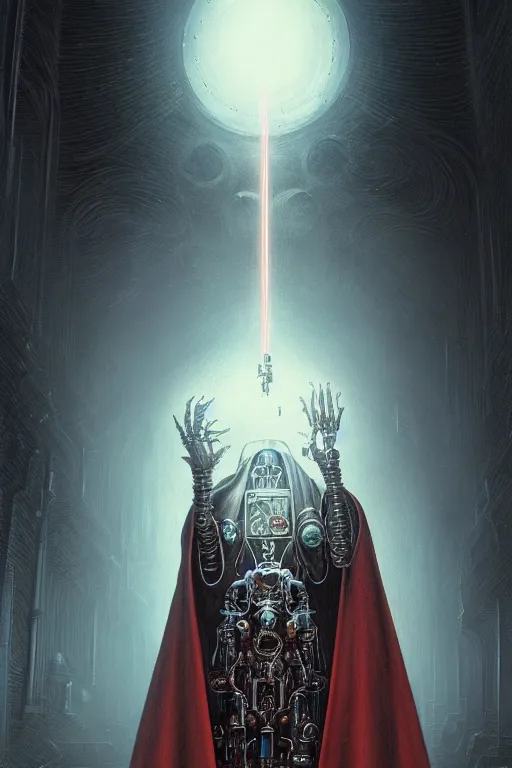 Image similar to painting of a cloaked tech priest holding a book, Adeptus Mechanicus!!!, cybernetic enhancements attached to his body, praise the omnissaiah, Zdzislaw Beksinski, Lewis Jones, mattias adolfsson, Warhammer 40K!!, cold hue's, warm tone gradient background, concept art, digital painting