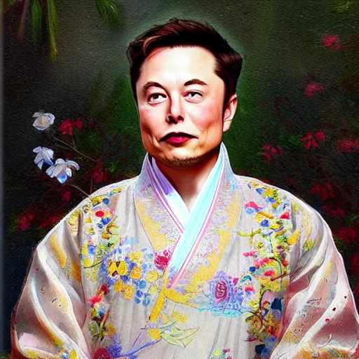 Image similar to elon musk wearing a hanfu with lily embroidery, in the style of Konstantin Razumov, extremely detailed