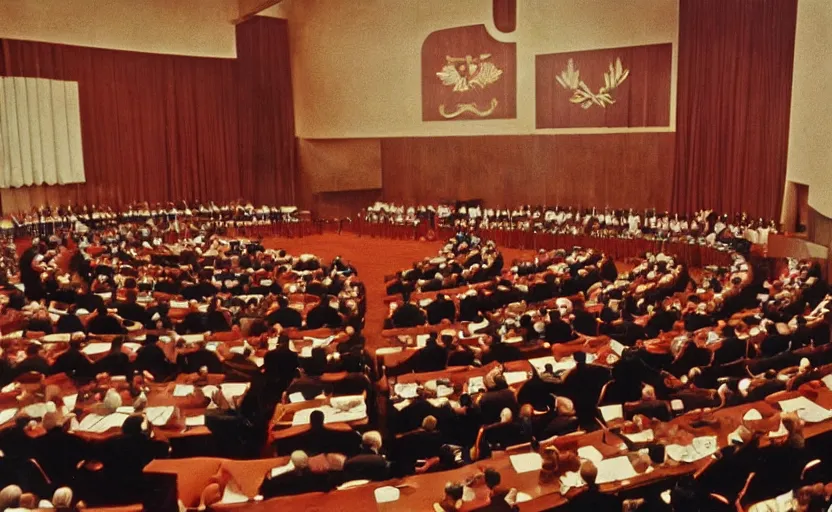 Prompt: 60s movie still of a CCCP congress in a stalinist style parlement with Josip Broz Tito at the tribune, by Irving Penn , cinestill 800t 35mm eastmancolor, heavy grainy picture, very detailed, high quality, 4k, HD criterion