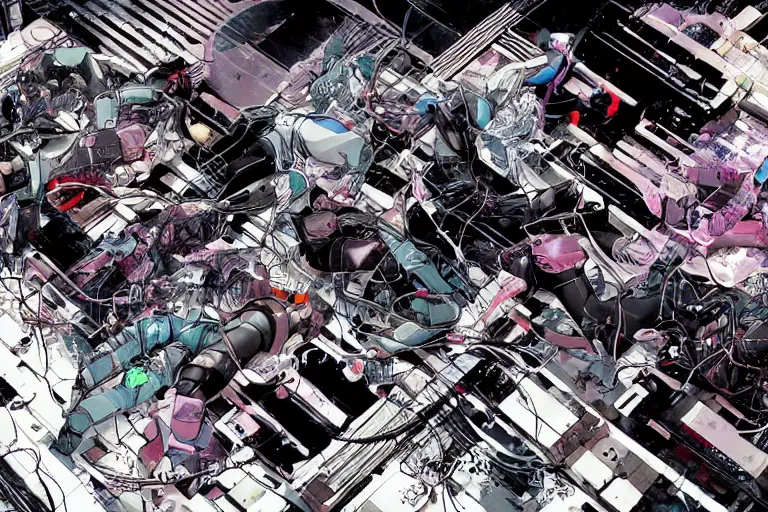 Prompt: a cyberpunk illustration of a group of female androids in style of masamune shirow, lying scattered across an empty, white floor with their bodies rotated in different poses and cables and wires coming out, by yukito kishiro and katsuhiro otomo, hyper-detailed, intricate