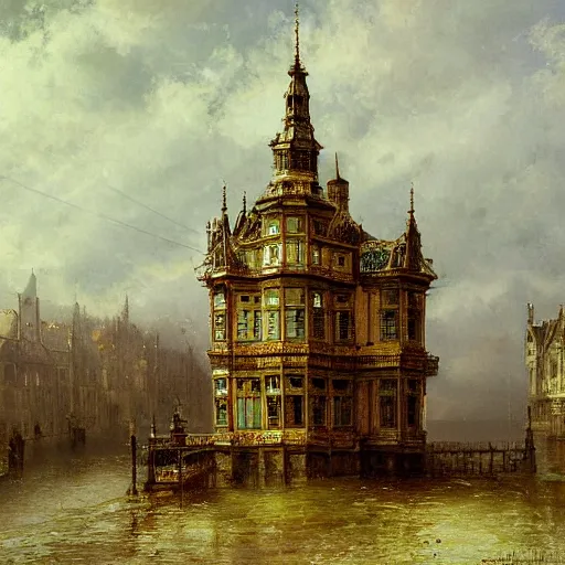 Image similar to detailed painting of a victorian living capsule architecture, filigree ornaments, andreas achenbach