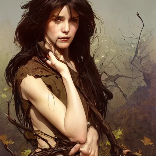 Prompt: a mischievous woman with twigs and dirt in her brown hair, dirt - stained skin, highly detailed, digital painting, artstation, concept art, smooth, sharp focus, illustration, art by artgerm and greg rutkowski and alphonse mucha