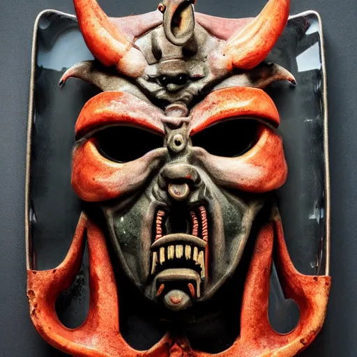 Prompt: a scary cyberpunk demon mask on a plate