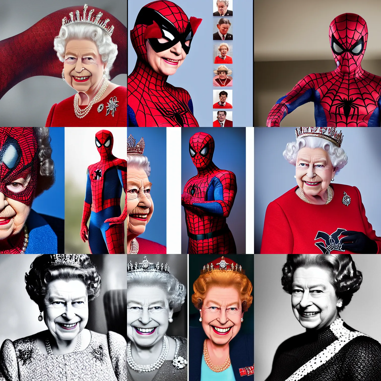 Prompt: queen elizabeth ii as spiderman, publicity set photo, cinematic photograph portrait