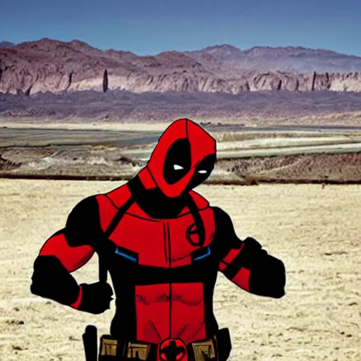 Prompt: deadpool sticking his head out of empty drained lake mead, with the words lake mead written across the top, in comic book style