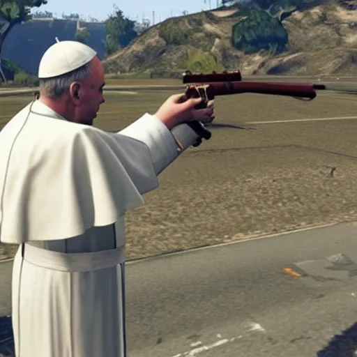 Image similar to the pope shooting a rocket launcher, GTA V style