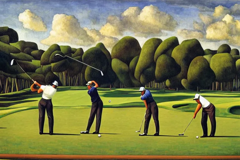 Image similar to Three golfers on a beautiful golf course driving range, by Diego Rivera