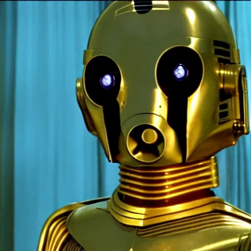 Prompt: mr. bean as c 3 po from star wars. movie still. cinematic lighting.