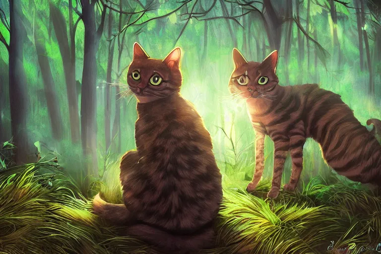 Prompt: cats in the forest, backlighting, digital art, trending on artstation, fanart, by wayne mclouglin, by kawacy