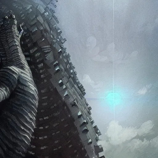 Prompt: perspection art by wlop : upwards perspective : godzilla