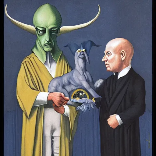 Image similar to Aleister Crowley with baphomet, by Raphael Hopper, and Rene Magritte. Highly detailed, Occult funny, humorous, funny, enchanting, magical, trending on artstationHQ