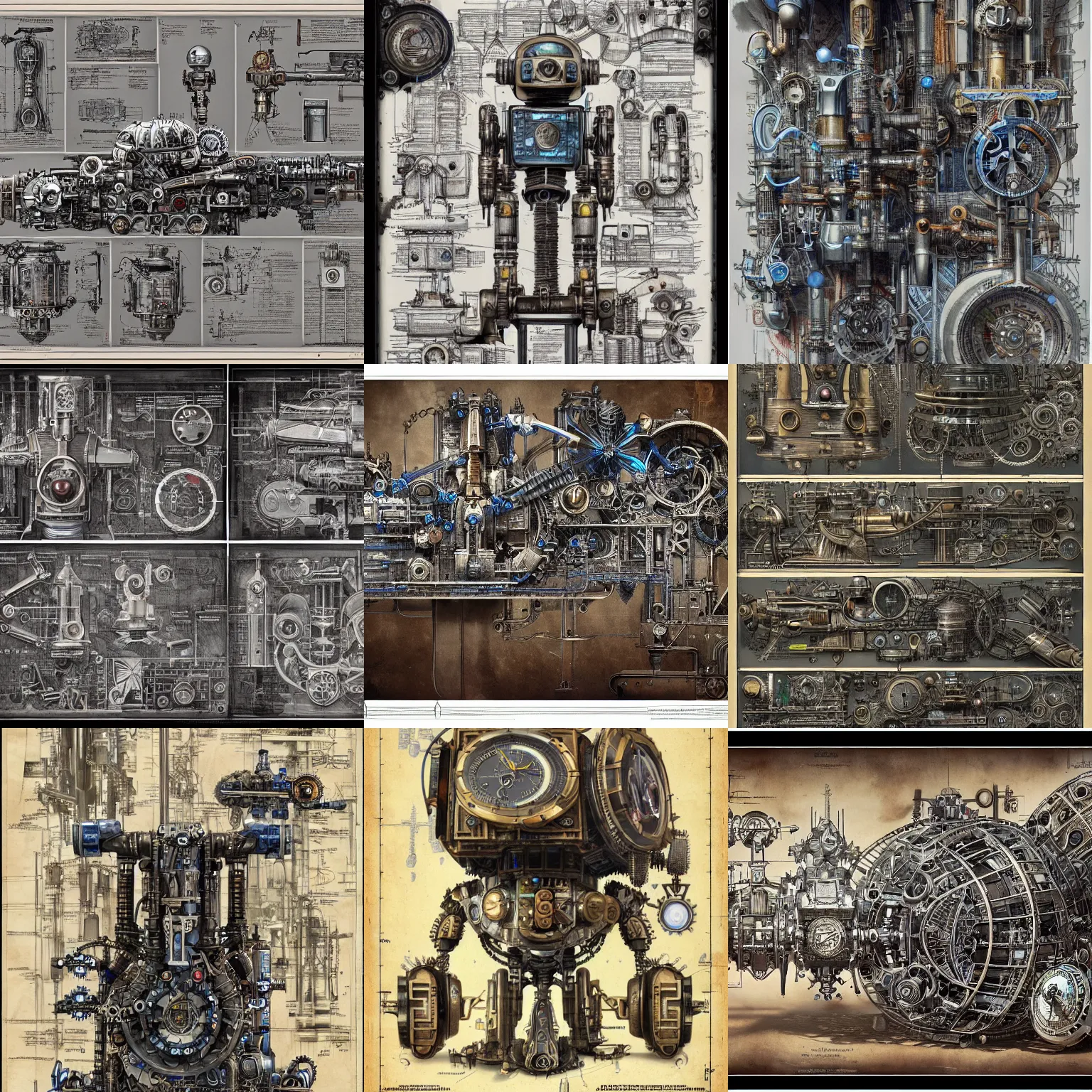 Prompt: a full page concept designs of a metropolis 1950s robotic device, steampunk blueprint, intricate details, ink on paper, scientific, Highly detailed labeled, poster, peter mohrbacher 8k