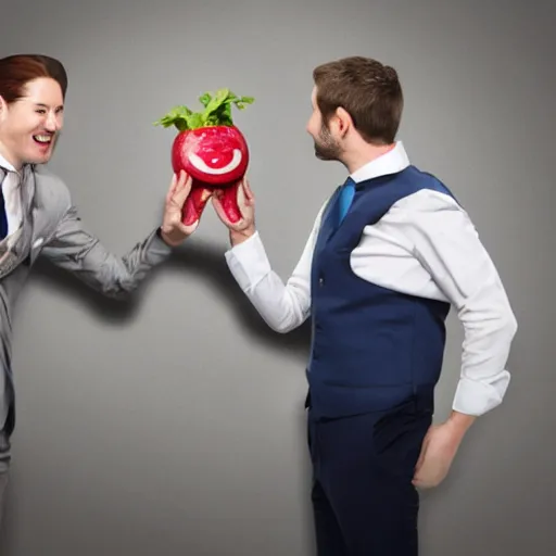 Image similar to hilarious stock photo of a radish with a face wearing a suit on a man's body, high fiving another person's face