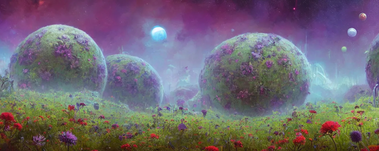 Image similar to ” outer planet overgrown with wild flowers, [ art by paul lehr, cinematic, detailed, epic, widescreen, opening, establishing, mattepainting, photorealistic, realistic textures, octane render ] ”