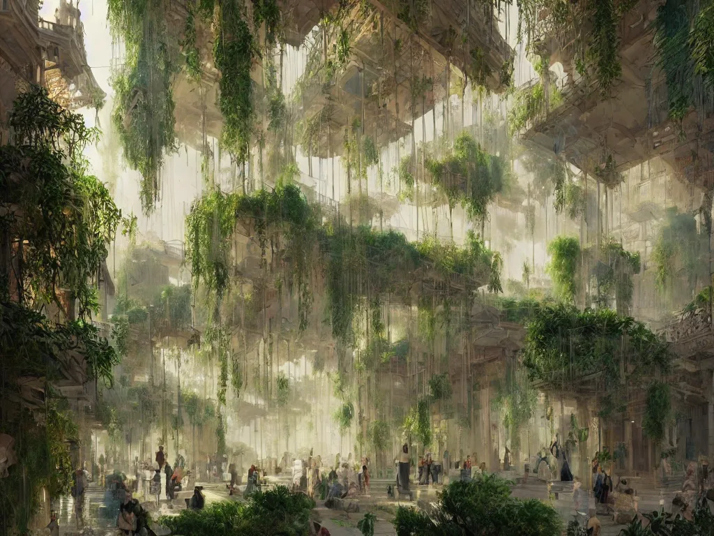 Image similar to the antique green city of babylon with its wonderful hanging gardens at dawn, intricate, elegant, volumetric lighting, digital painting, highly detailed, artstation, sharp focus, illustration, concept art, ruan jia, steve mccurry