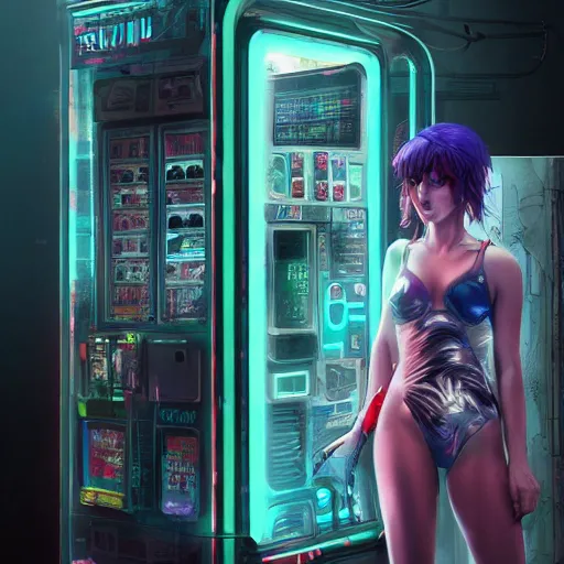 Image similar to extremely detailed realistic render of a cyberpunk girl i spired by ghost in the shell in front of a neon vending machine by James Jean and craig mullins, ArtStation, CGSociety