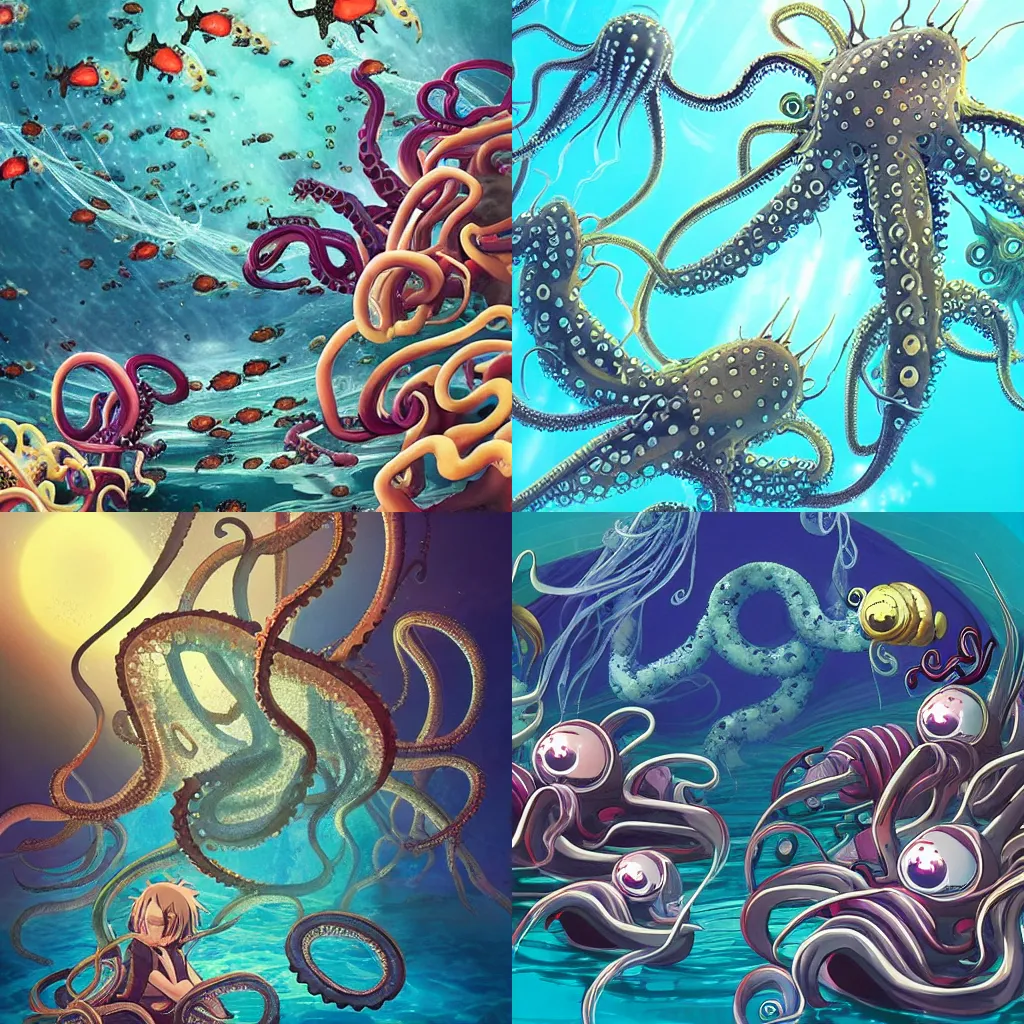 Prompt: “an underwater swarm on tentacles, anime key visual”