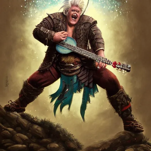 Prompt: detailed photo of a Half-orc bard portrayed by Gary Busey playing a lute, 8k,by Tristan Eaton, Stanley Artgermm, Tom Bagshaw, Greg Rutkowski, Carne Griffiths, trending on DeviantArt, face enhance, hyper detailed ,full of color, dramatic lightning, epic stance