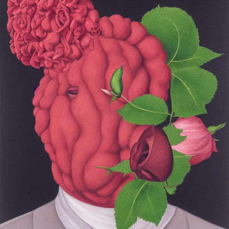 Image similar to portrait of a faceless rose flower - head man by rene magritte, detailed painting, distance, centered, hd, hq, high resolution, high detail, 4 k, 8 k