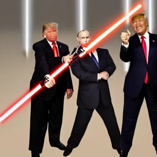 Image similar to photo of putin, trump, obama and bush having a lightsaber fight