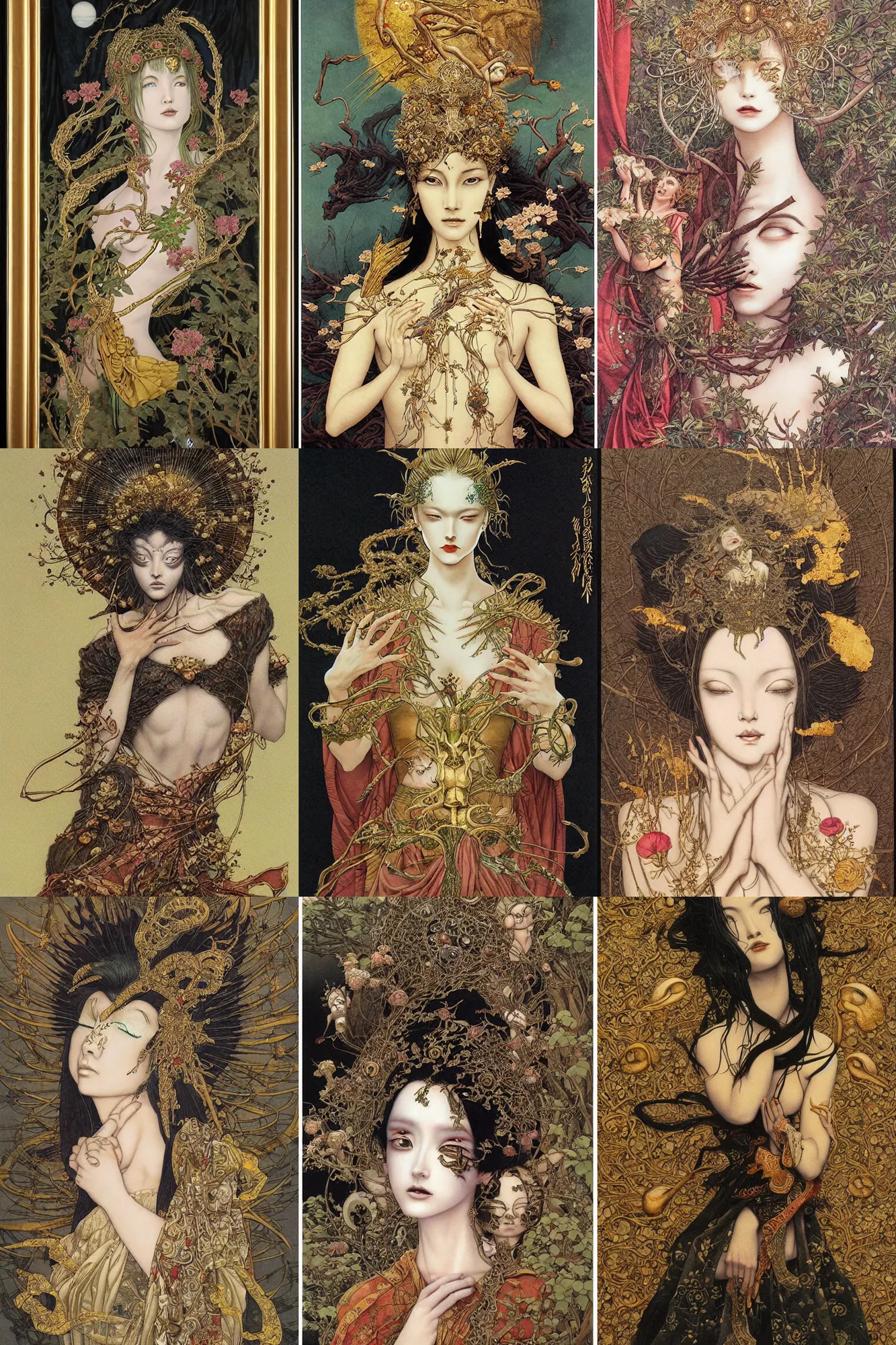 Prompt: painting of a goddess by brain froud, dave dorman, takato yamamoto, gold leaf art