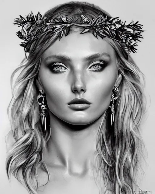 Image similar to realism tattoo sketch of elsa hosk as a beautiful greek goddess aphrodite with piercing eyes wearing a laurel wreath and triangle earrings, in the style of greg rutkowski, amazing detail