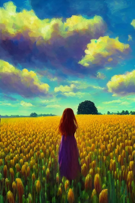 Image similar to giant corn flower head, girl walking in a flower field, surreal photography, sunrise, dramatic light, impressionist painting, colorful clouds, digital painting, artstation, simon stalenhag