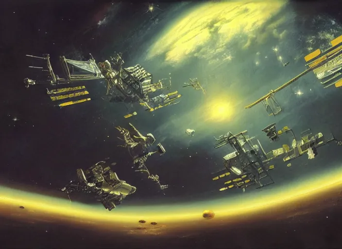 Prompt: abandoned space station drifting in deep space, cinematic matte painting, peter elson, chris foss, terran trade authority