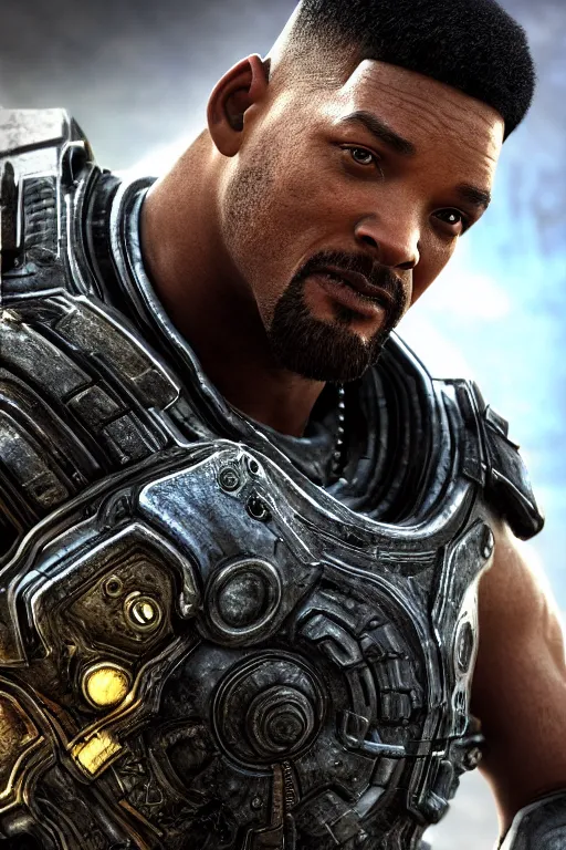 Prompt: Will smith as a muscular Gears of War character, photorealism, half body, HDR ambient background, unreal engine 5, hyperrealistic, highly detailed, XF IQ4, 150MP, 50mm, F1.4, ISO 200, 1/160s, cinematic lights, Adobe Lightroom, photolab, Affinity Photo, PhotoDirector 365, realistic