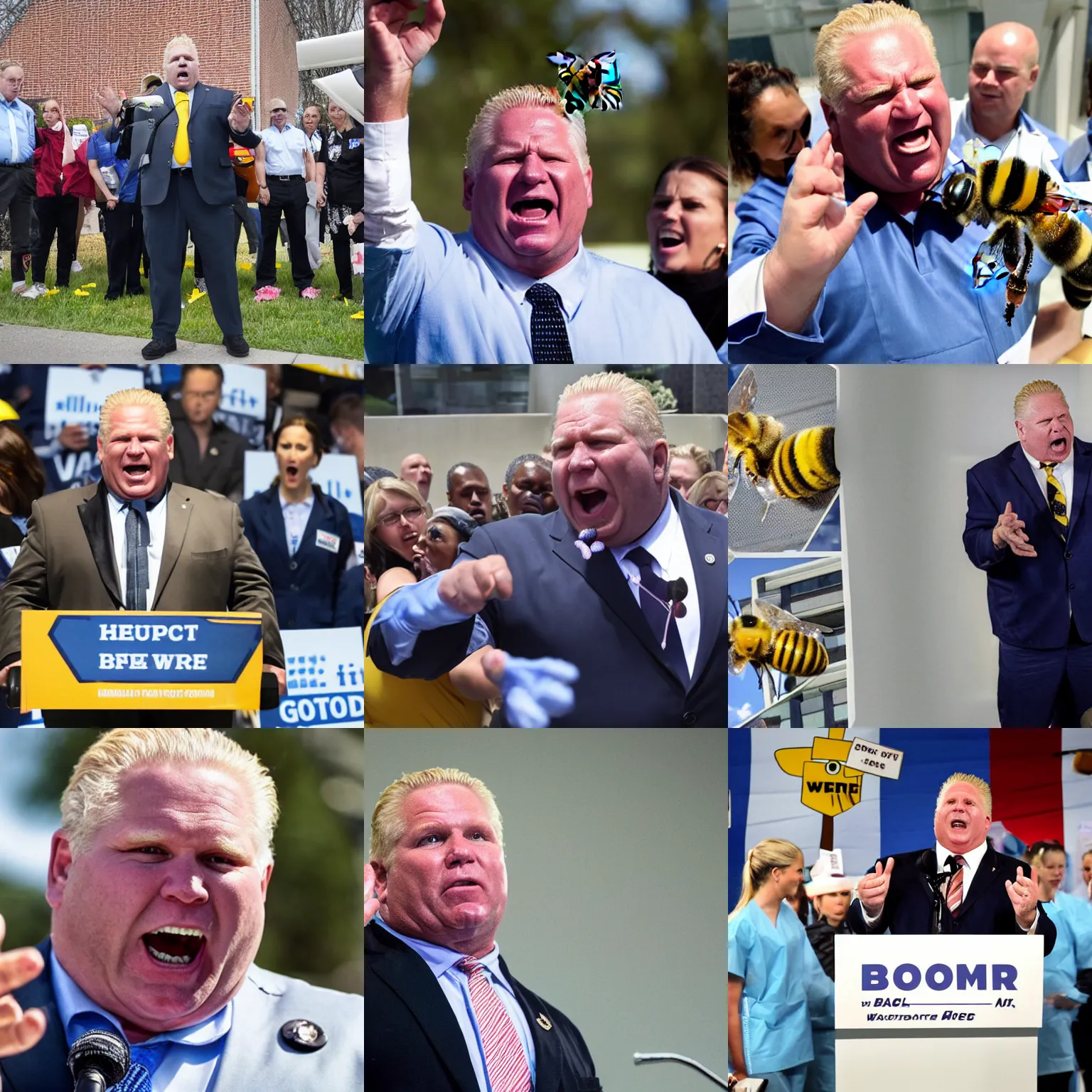 Prompt: doug ford yelling at healthcare workers as bees emerge from his gaping mouth
