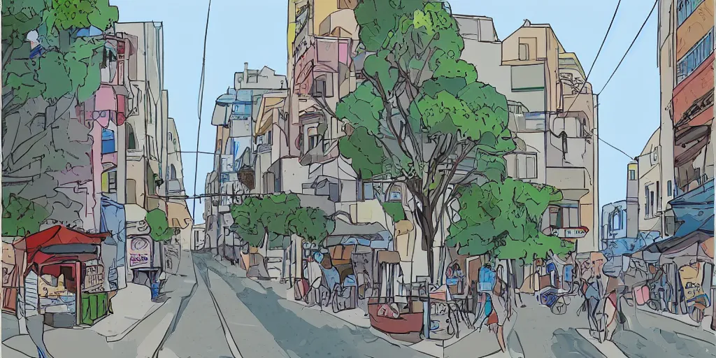 Prompt: tel aviv street from low level. optimistic. digital art. vector watercolor.