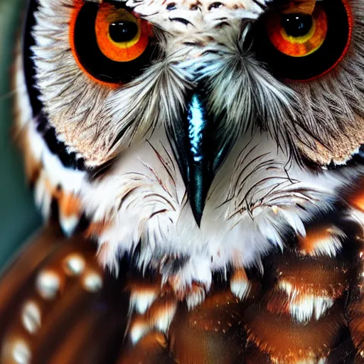 Image similar to owl mixed with black widow spider, hybrid creature, macro lens, bokeh, kodak color film stock