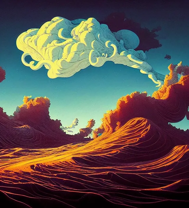 Image similar to a 🌊 swirling in the sky above a barren 🏜 by ivan shishkin and zacharias aagaard and simon stalenhag and dan mumford, chiaroscuro, hyper detailed, high saturation, retrowave, maximalism