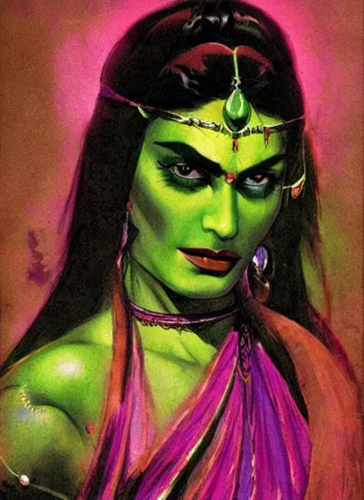 Image similar to portrait of muscular indian vampiress, jeweled veil, purple and green, strong line, saturated color, beautiful! coherent! by frank frazetta, high contrast, minimalism