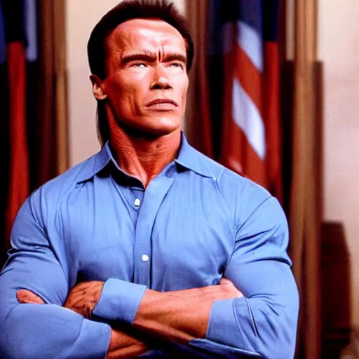 Image similar to a still from the 2001 TV Show The West Wing Starring Arnold Schwarzenegger