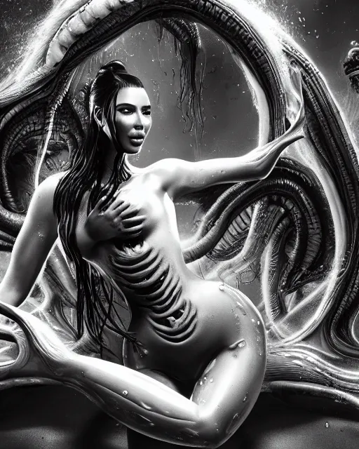 Prompt: cinematic still of kim kardashian being mouth fed by an xenomorph in a transparent alien liquid, wet flowing hair, gooey skin, illustration, unreal engine 5, 8 k, directed by h. r. giger.