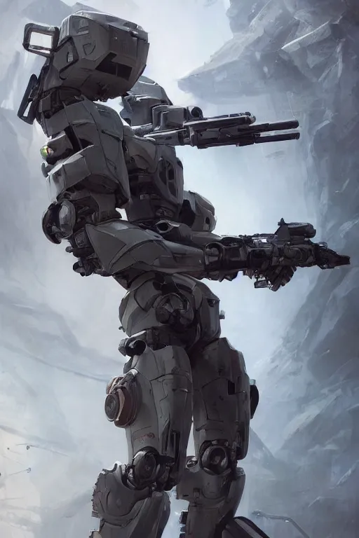 Image similar to full body shot of a mech soldier holstering its rifle, Art Station, Trending on Artstation, cgsociety, concept art, cinematic, 8k, hyper detailed, ultra realistic, epic, high resolution, digital art, ultra high quality, sci fi, robot, sharp, 4k UHD, realistic, intricate, dramatic, atmospheric, art by Yi Yang artstation + StTheo + Alan Van Ryzin,