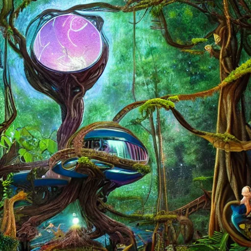 Image similar to futuristic treehouse in alien forest with unusual tangled flowering alien plants and trees and luminous pond detailed 8k magical realism painting